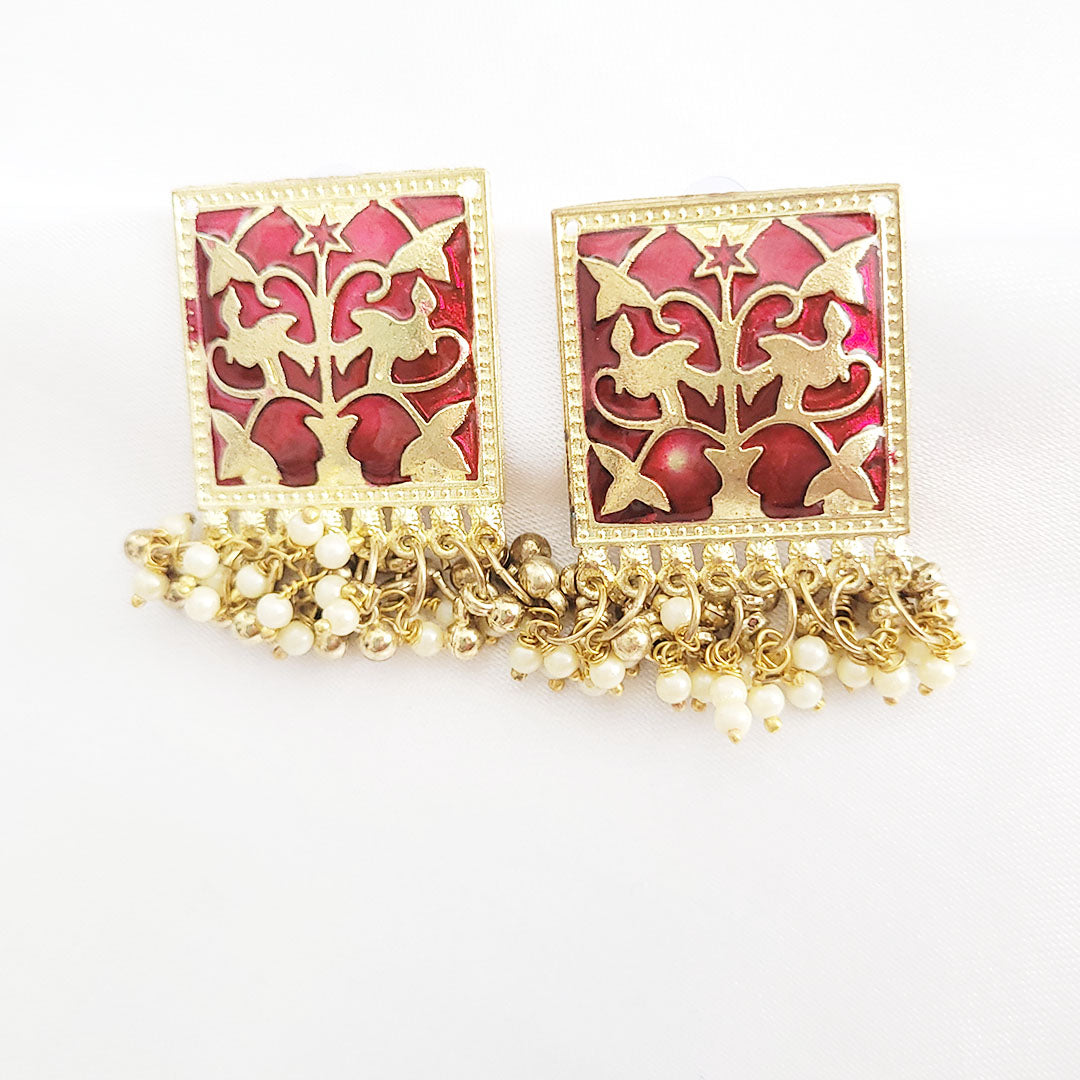 Red Oxidised Gold Polish Earrings Studs from Kallos Jewellery