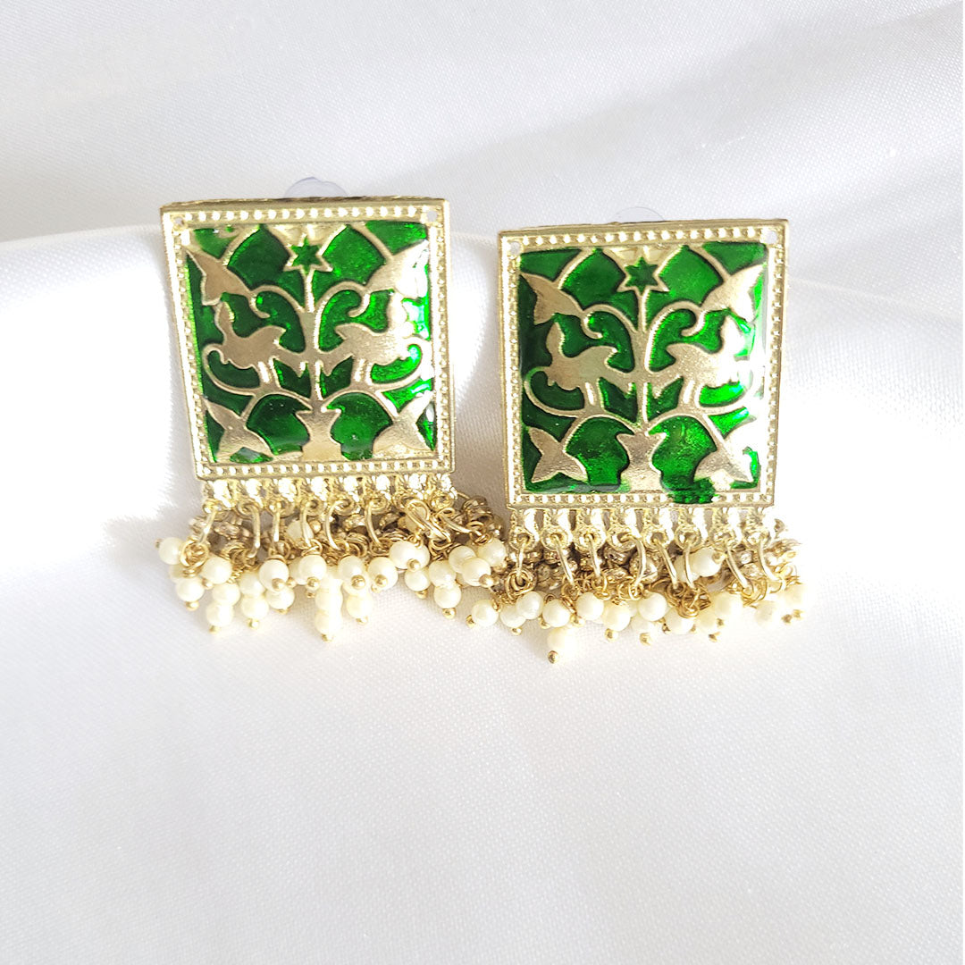 Green Oxidised Gold Polish Earrings Studs from Kallos Jewellery