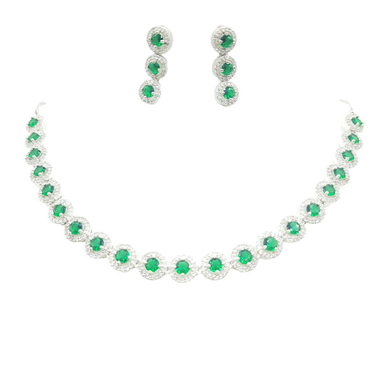 American Diamond Jewellery Set with Round shaped Green Stone and Three Round Earrings
