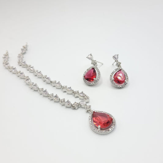 American Diamond Necklace with Peardrop Pendant in Red color