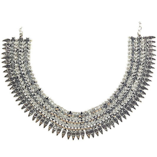 German Silver Oxidised Heavy Choker Necklace with Broad Design for Girls and Women