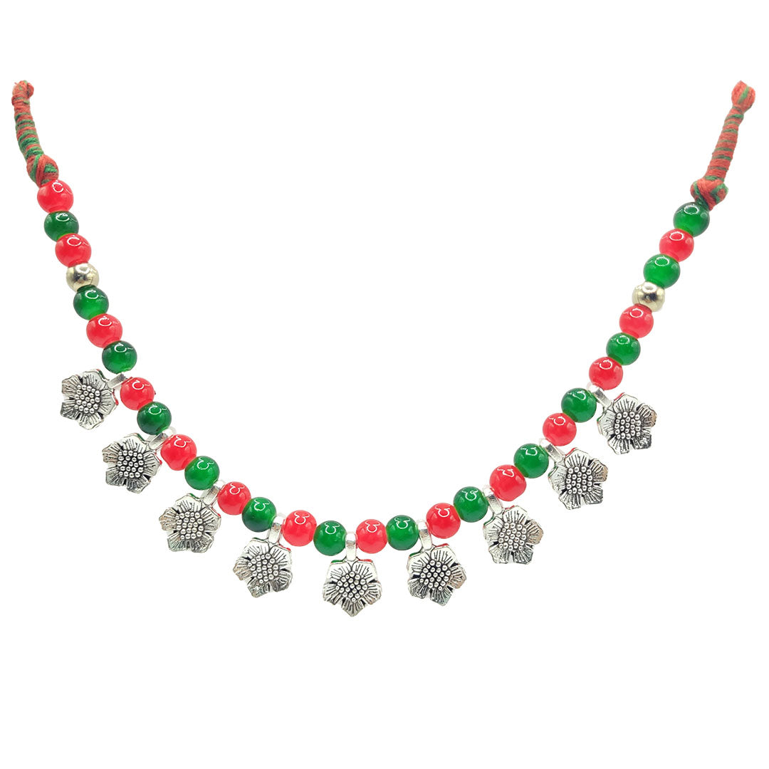 German Silver Tribal Bead Necklace with Latest Design Rose Floral Motif Orange and Green for Girls Kids Women
