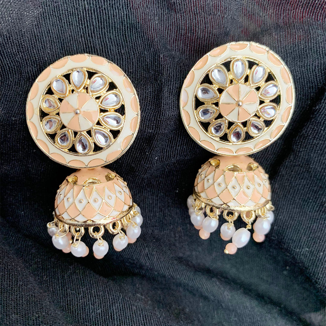 Kundan Meenakari Jhumka Earrings with Pearls and Round Stud- Creme