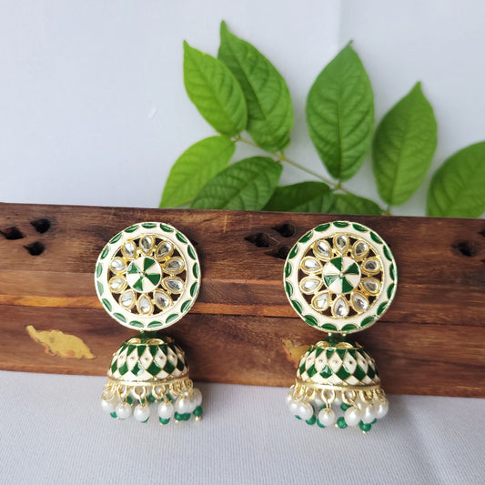 Kundan Meenakari Jhumka Earrings with Pearls and Round Stud Green