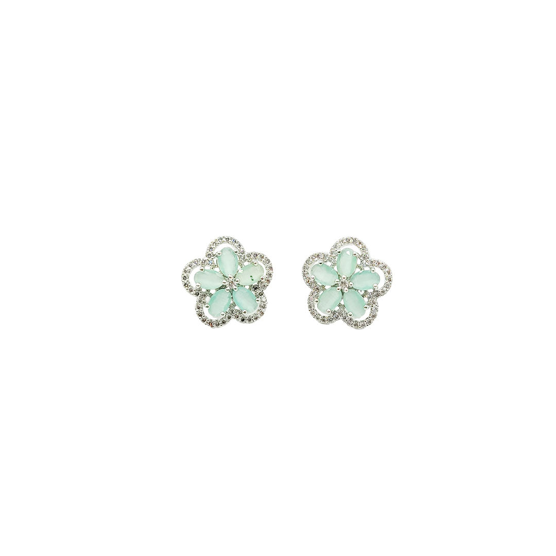Latest Flower Designed American Diamond Pendant Set with Matching Studs Mint Green