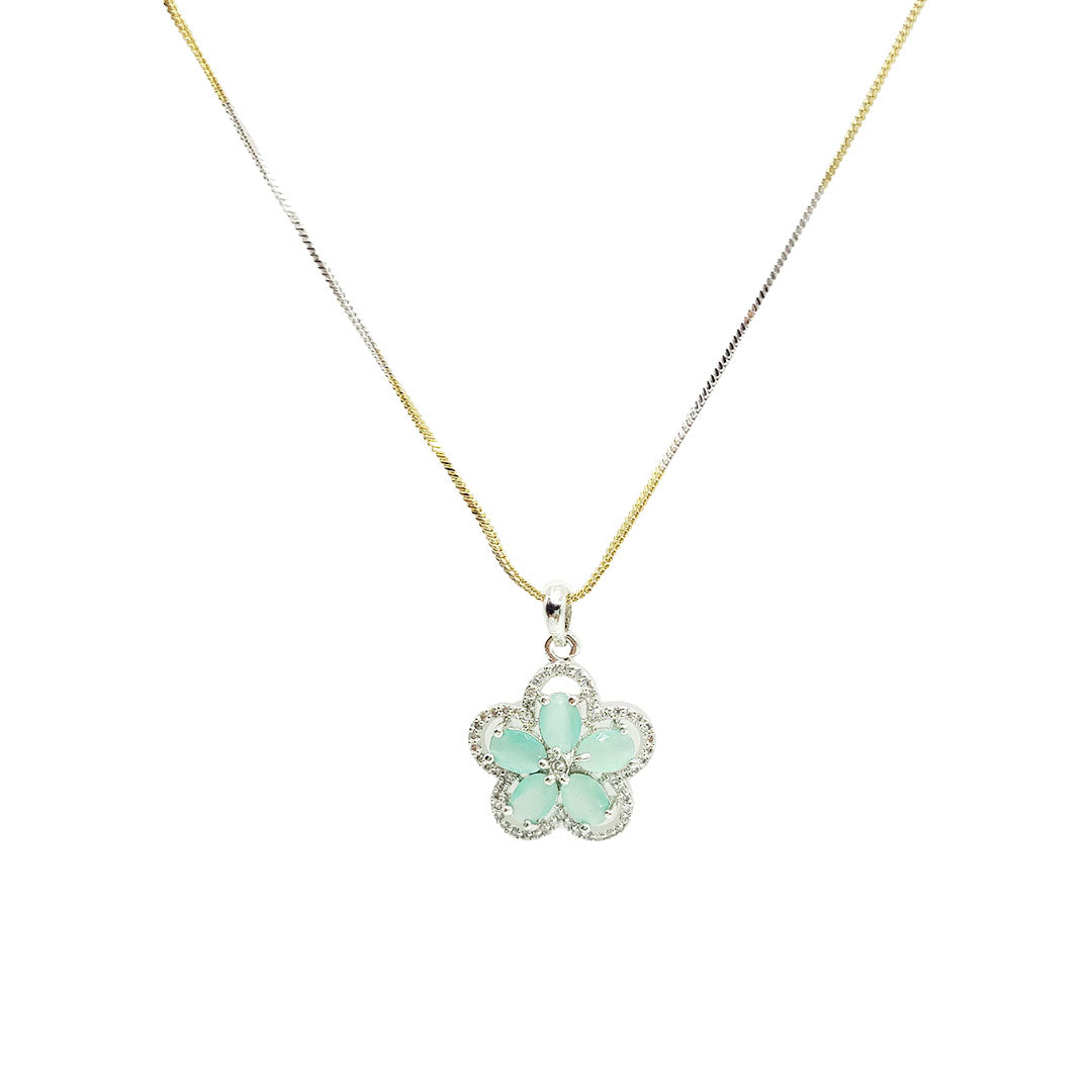 Latest Flower Designed American Diamond Pendant Set with Matching Studs Mint Green