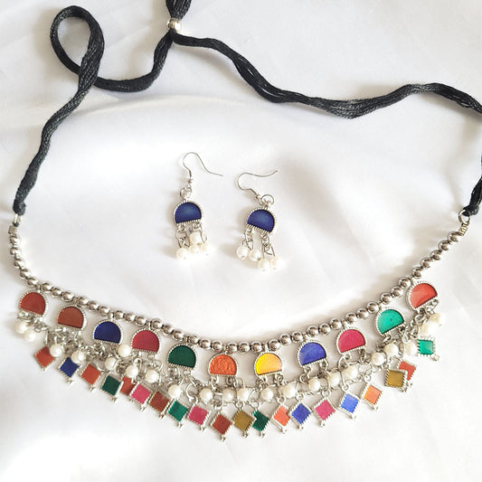 Oxidised Boho Multi Color Necklace with Matching Earrings for women and girls
