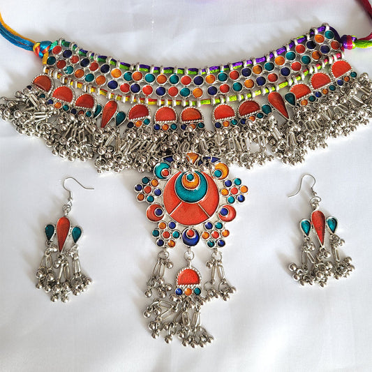 Oxidised Boho Multicolor Enamel Necklace with Matching Earrings from Kallos Jewellery