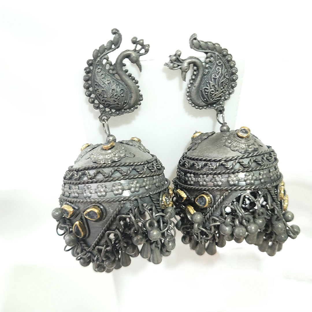 Oxidised Dual Tone Big Jhumka in Peacock Design from Kallos Jewellery