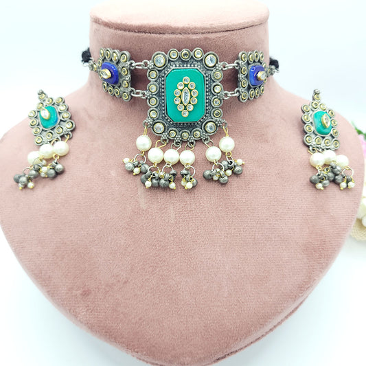 Oxidised Jewellery Set Choker with Pearl Beads and Beautiful Stone