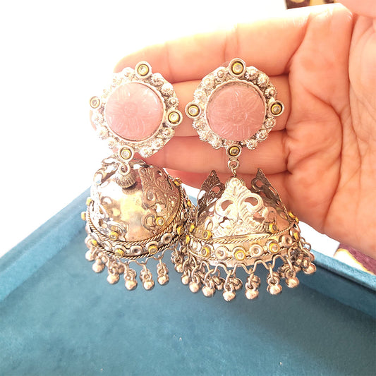Oxidised Long Earrings with Pink Stone