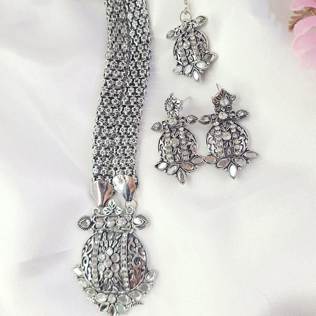 Oxidised Long Necklace Set with Earrings and Maang Tikka from Kallos Jewellery