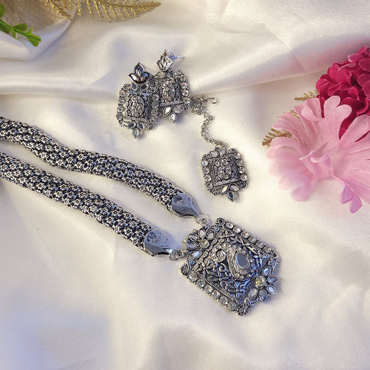 Oxidised Long Necklace Set with Square Motif with Earrings and Maang Tikka for women