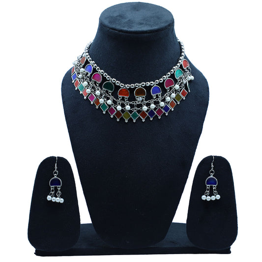 Oxidised Multicolor Jewellery Set Tribal Navratri Boho with Matching Earrings