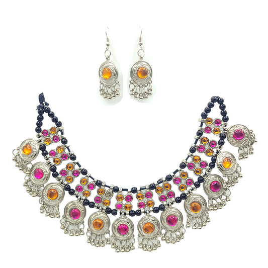 Oxidised Silver Beads Jewellery Set in Orange and Pink Color Tribal Navratri