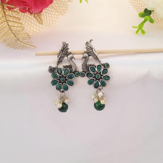 Oxidised Silver Drop Earrings in Green Peacock Design from Kallos Jewellery