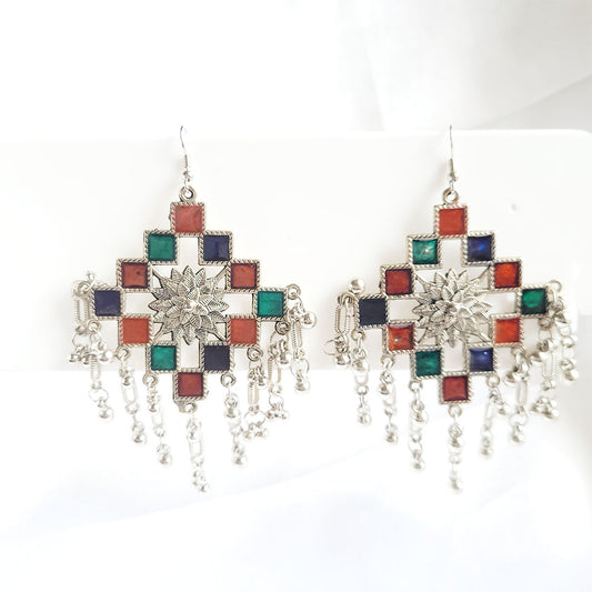 Oxidised Silver Earrings Latest Design Diamond Design with Enamel color and hanging pearls