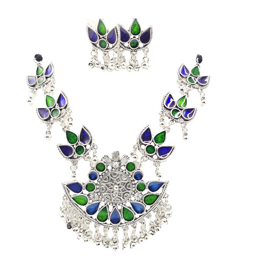 Oxidised Silver Jewellery Set Blue and Green Diya Floral Pattern