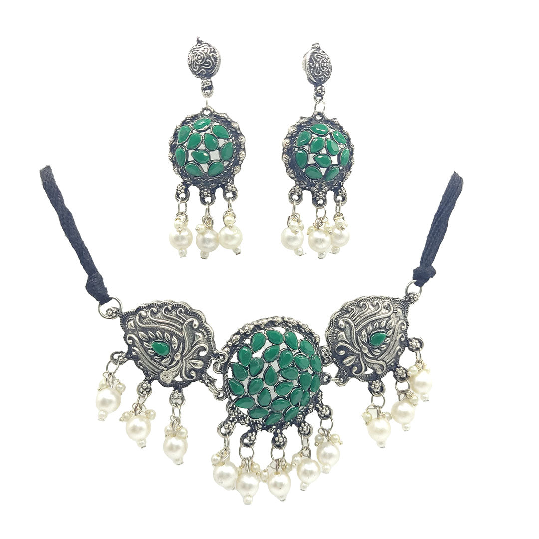 Oxidised Silver Latest Design Jewellery Choker Set in GreenColor with Stone with Pearls