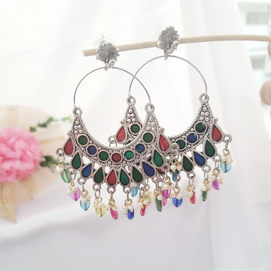 Oxidised Silver Multicolor Hoops with Peacock Design for girls and women