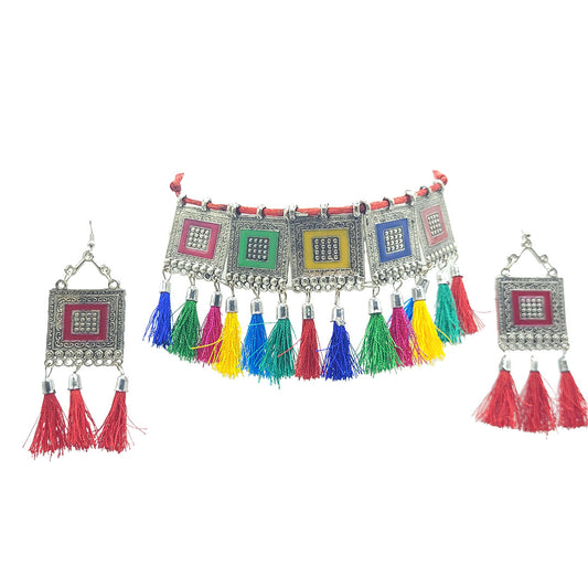 Oxidised Silver Multicolor Tribal Boho Jewellery Set with Tassels
