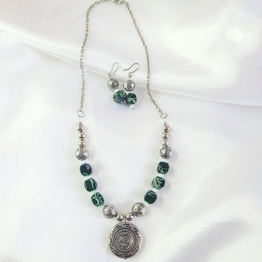 Oxidised Silver Necklace Set with Green stone