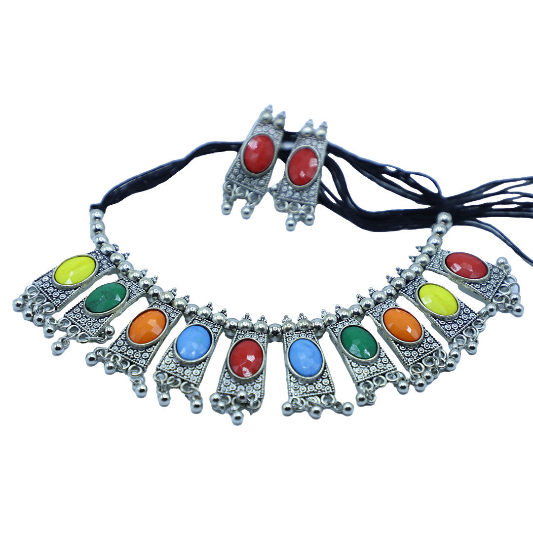 Oxidised Silver Necklace with Beautiful stones Tribal Boho Navratri