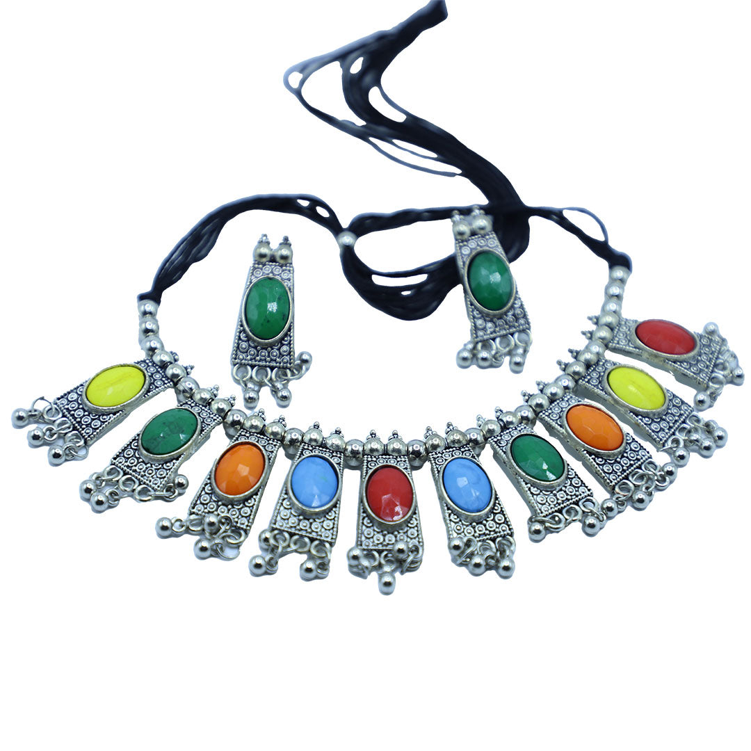 Oxidised Silver Necklace with Beautiful stones Tribal Boho Navratri