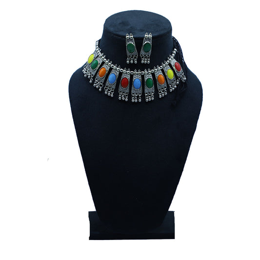 Oxidised Silver Necklace with Beautiful stones Tribal Boho Navratri