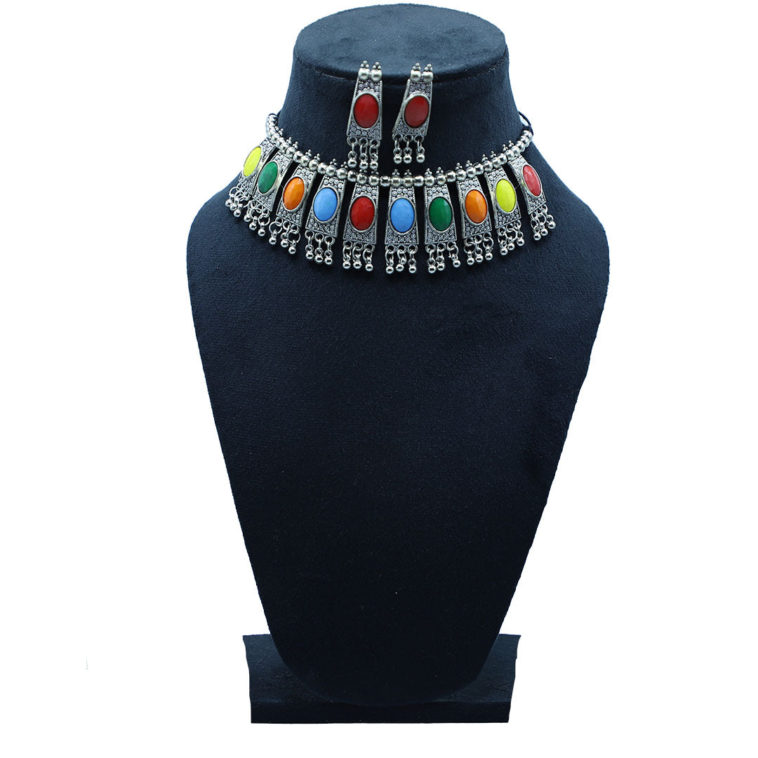 Oxidised Silver Necklace with Beautiful stones Tribal Boho Navratri