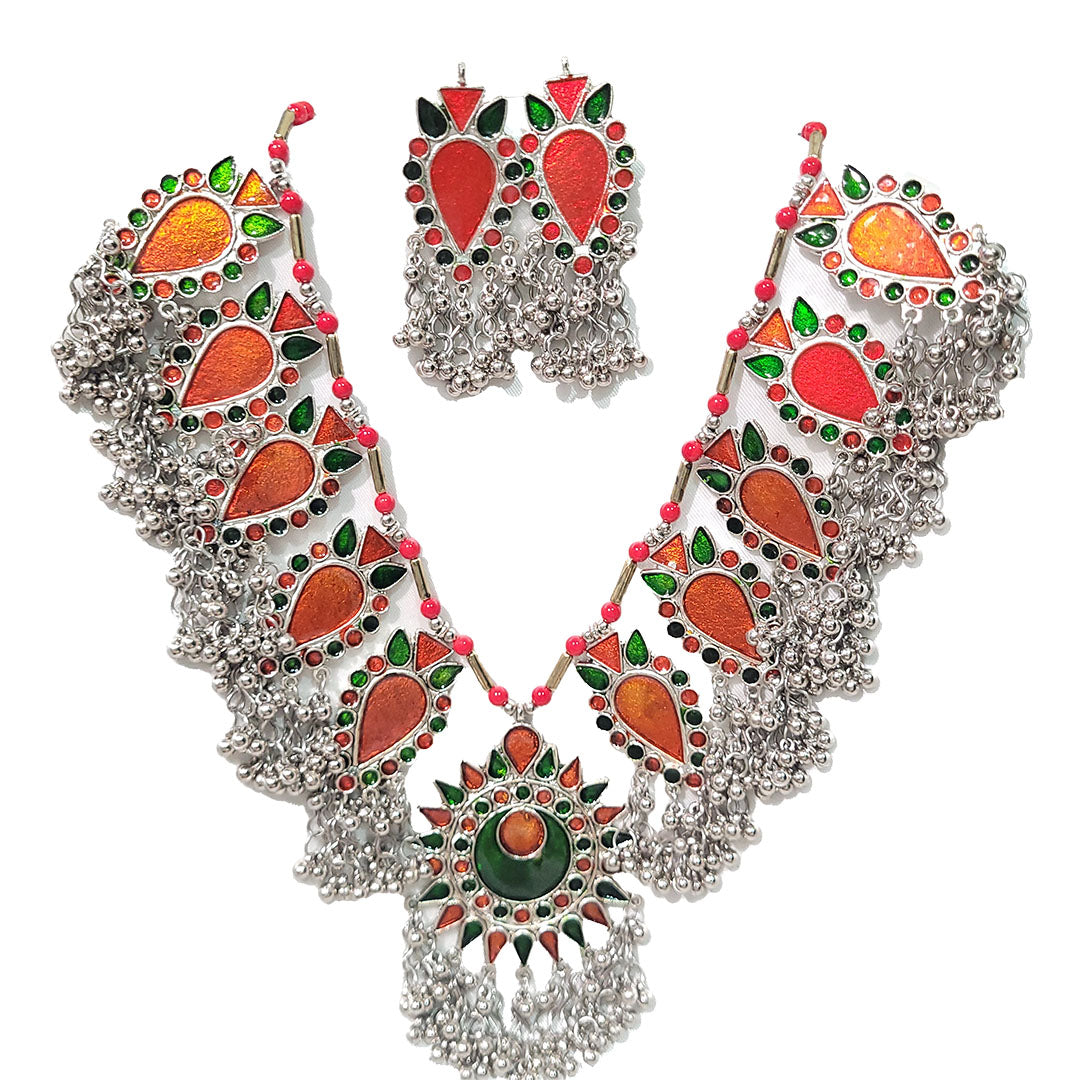 Oxidised Silver Enamel Jewellery set Tribal Boho Navratri Orange