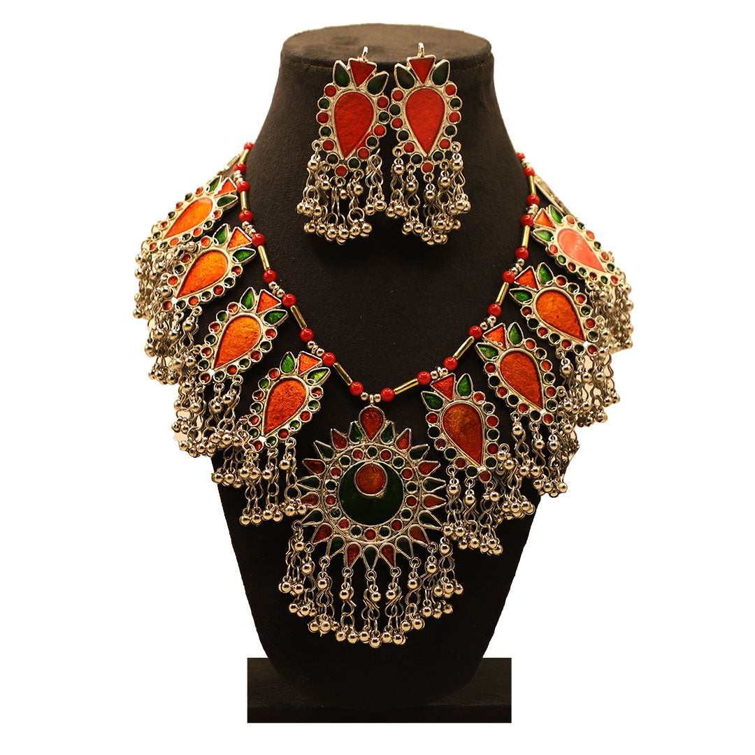 Oxidised Silver Enamel Jewellery set Tribal Boho Navratri Orange