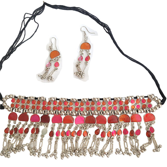 Oxidised Silver Red Boho Tribal Enamel Necklace