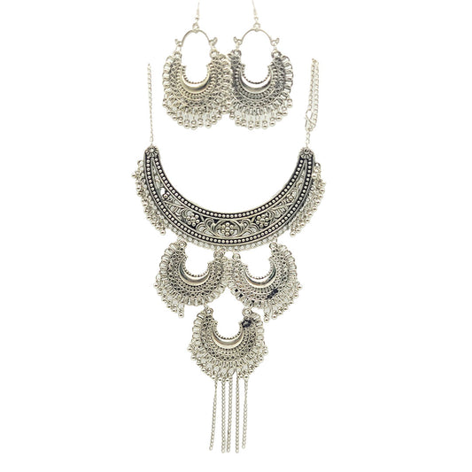 Oxidised Silver Tribal Long Necklace Jewellery Set with Chandbali Earrings LightWeight