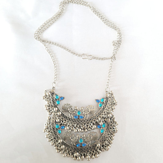 Oxidised Two layer Peacock Blue Necklace Set with Matching Earrrings from Kallos Jewellery for women and girls