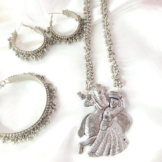 Radha Krishna Oxidised Necklace Set with Matching Earrings and Bangle from Kallos Jewellery
