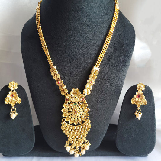 Rajwadi Long Necklace Set with Beautiful Motifs designed in Flower Pattern with Earrings from Kallos Jewellery