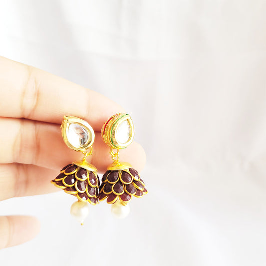 Trending Kundan Studs with Pearl in Maroon Stone in Peacock Jhumka for women and girls