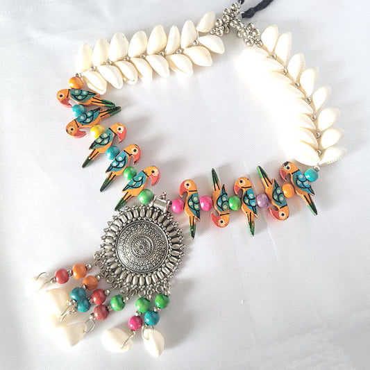 Trending Oxidised Boho Seashell Necklace set with Parrot from Kallos Jewellery