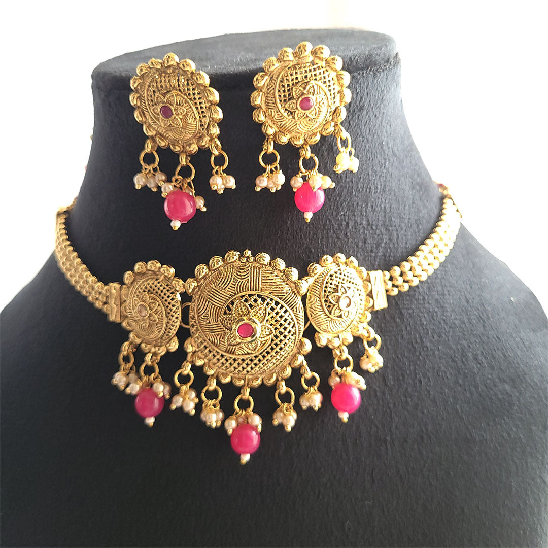 Trendy Choker Necklace Set with Beautiful Center Motifs in Matt Polish from Kallos Jewellery