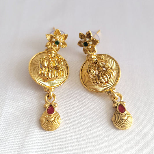 Trendy Earrings with Laxmi Motif in Matte Gold Polish