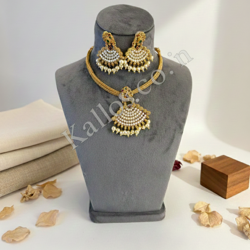 Pearl beaded necklace set with matching earrings