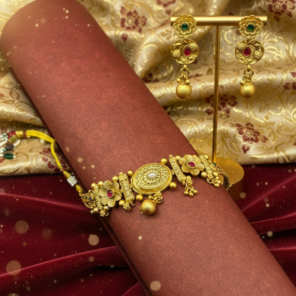 Multicolor Rajwadi Choker set with Ruby and Green stones