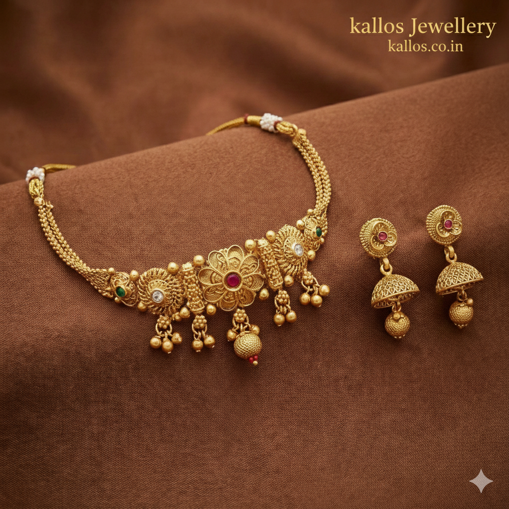 Traditional Matte Gold Choker Necklace Set with Jhumka Earrings