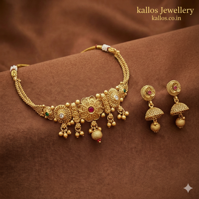 Traditional Matte Gold Choker Necklace Set with Jhumka Earrings