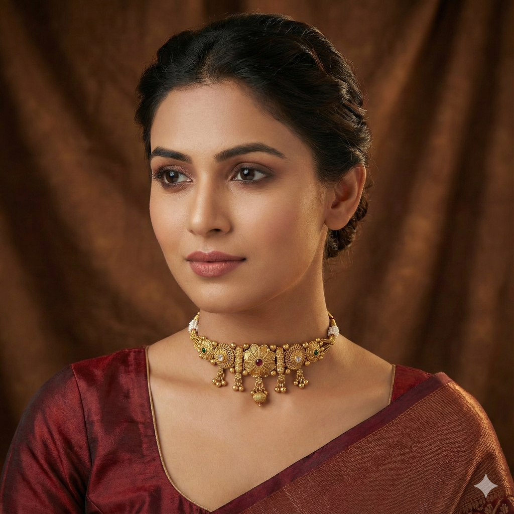 Traditional Matte Gold Choker Necklace Set with Jhumka Earrings
