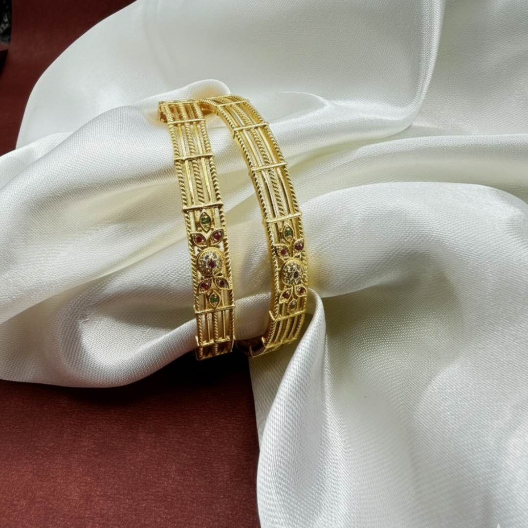 Gold Plated Bangle Set with Ruby Emerald Stones
