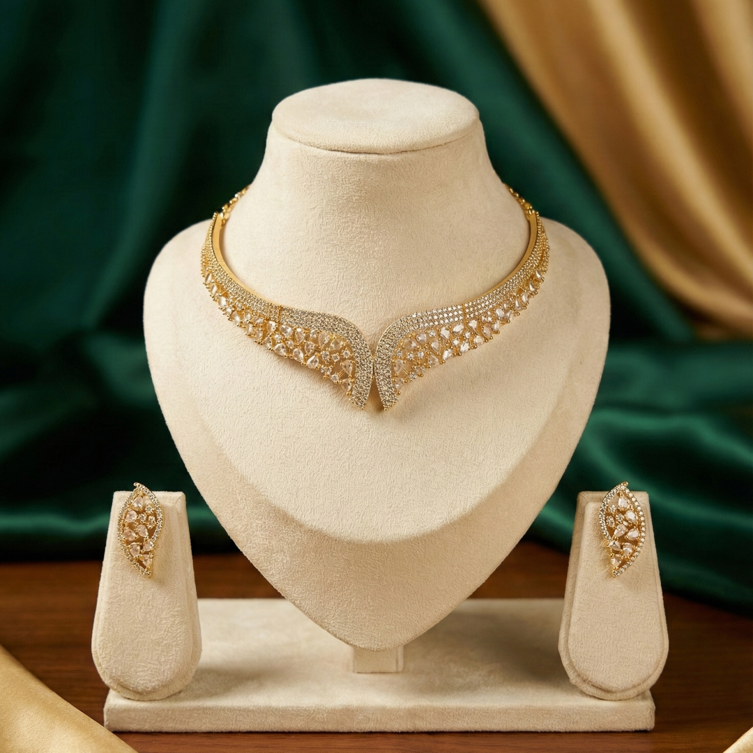 Leafy designed Gold Polish AD Necklace set