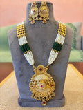 Traditional Gold Plated Temple Necklace Set with Pearl & Green Beads