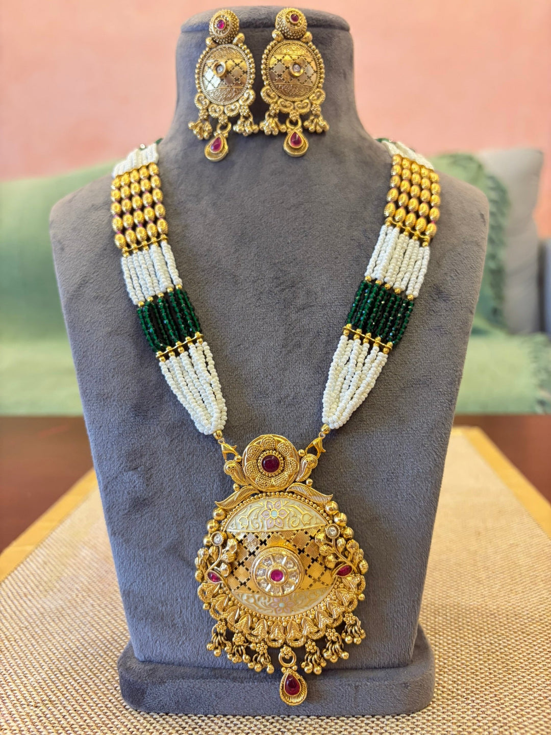 Traditional Gold Plated Temple Necklace Set with Pearl & Green Beads